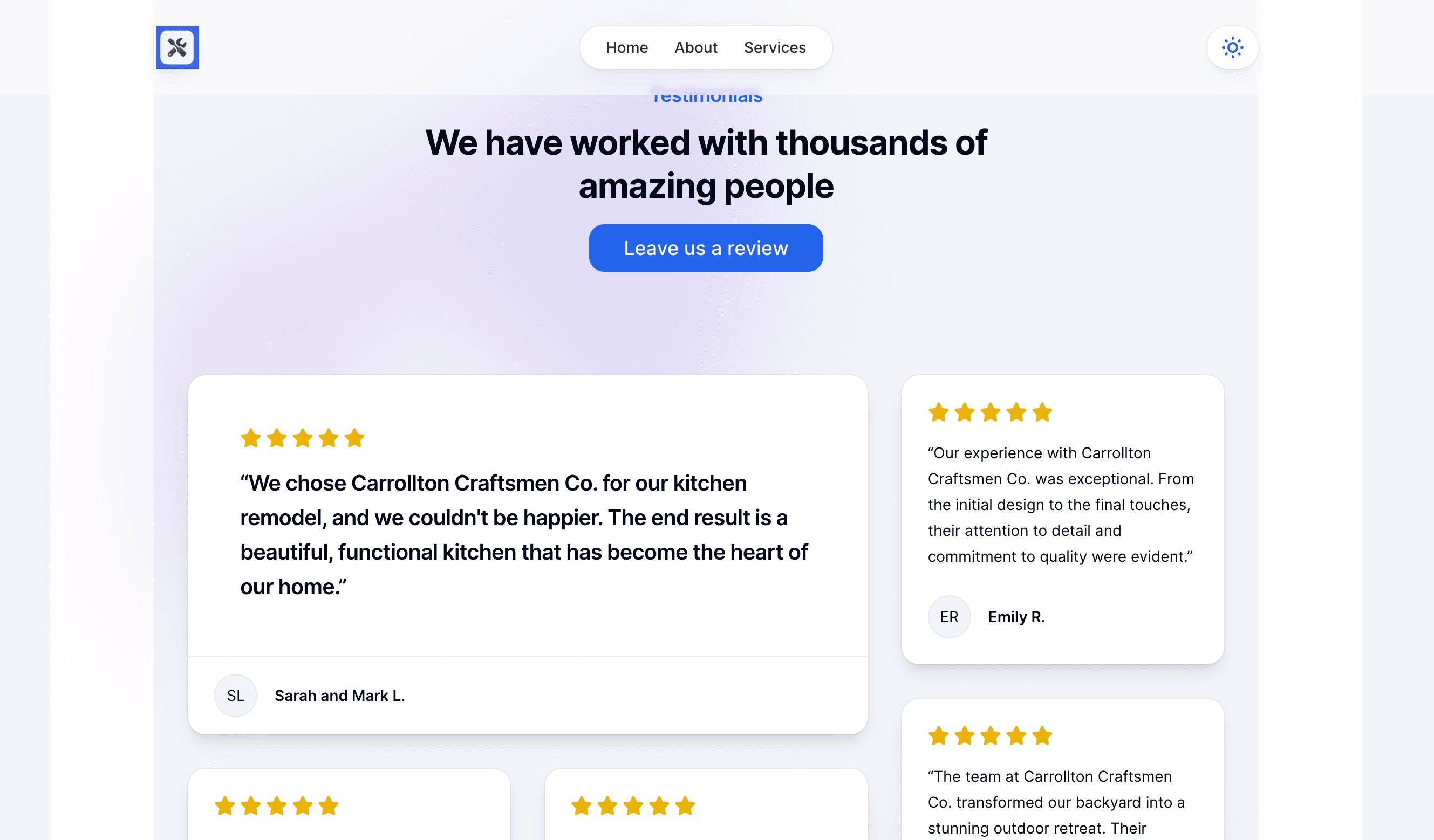 Screenshot of contractor testimonials page